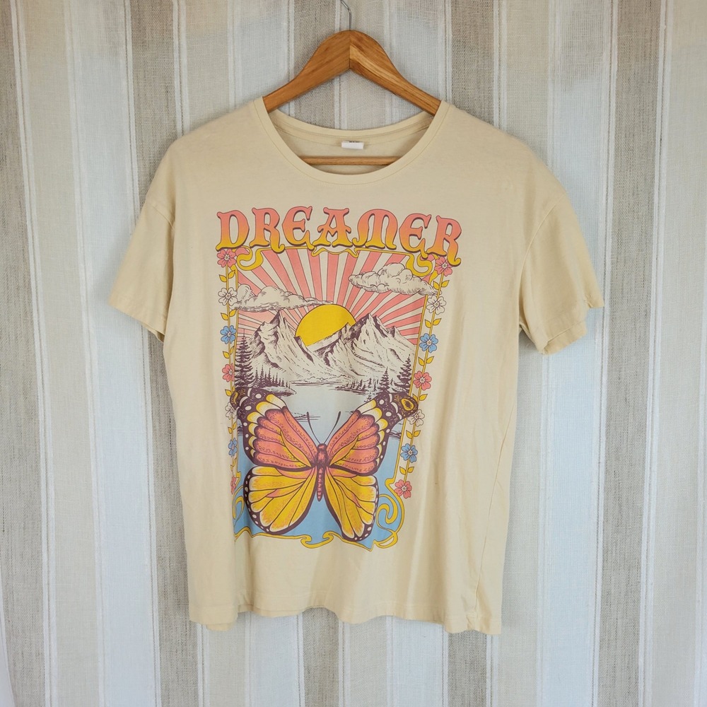La Luna Cotton Band Tee Dreamer Graphic‎ Tshirt Cream Size Large Short Sleeves
